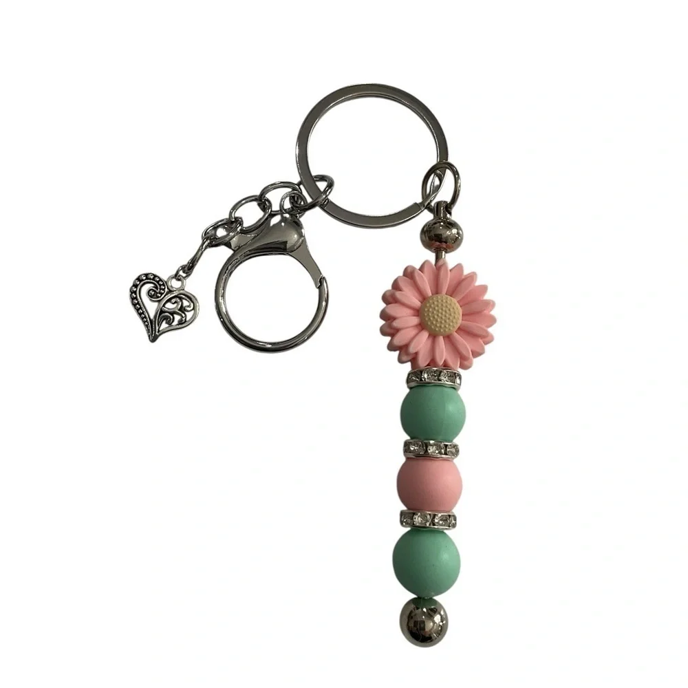 Daisy Delight Keychain Bag Charm with Pink and Green Beads